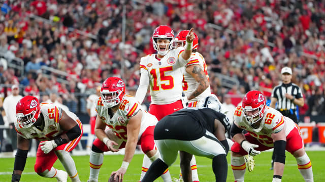Nov 26, 2023; Paradise, Nevada, USA; Kansas City Chiefs quarterback Patrick Mahomes (15) calls a play against the Las Vegas Raiders during the fourth quarter at Allegiant Stadium. Mandatory Credit: Stephen R. Sylvanie-USA TODAY Sports  